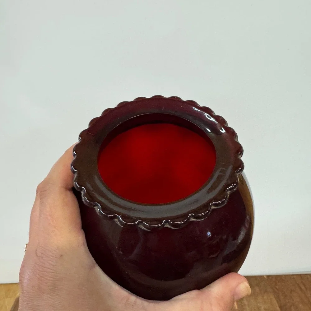 Ruby Red MCM Glass Vase with‎ Ruffled Rim Home Decor Flower Vase